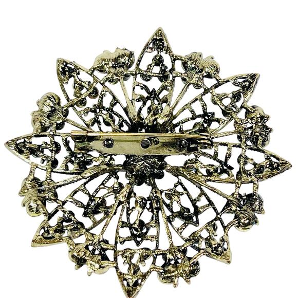 Round Flower Floral Bouquet Sash Brooch Pin Multicolor Rhinestones Bronze Toned - Picture 2 of 8